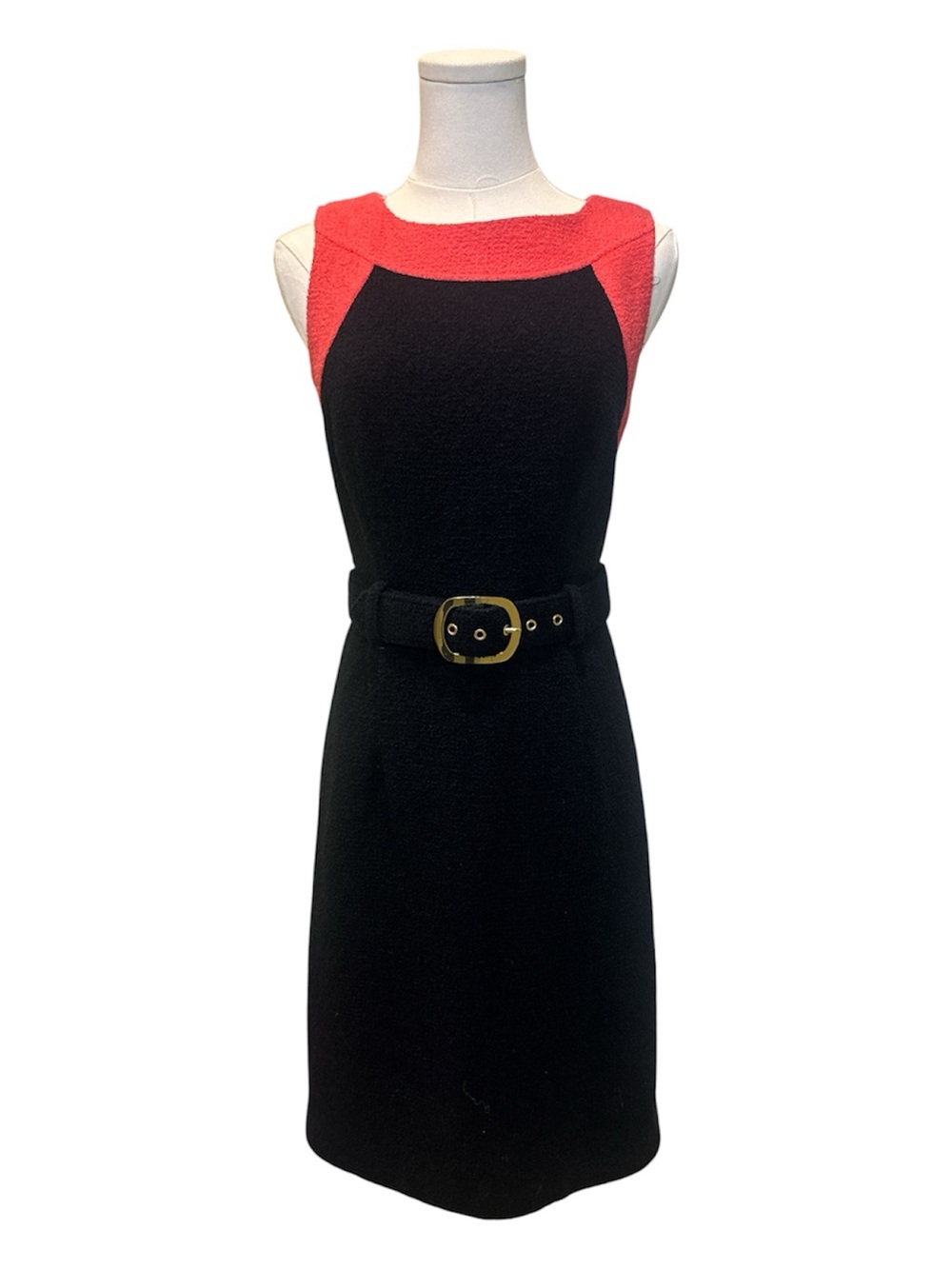 Milly Black Mini Dress with Coral-Red Neckline and Gold Buckle
